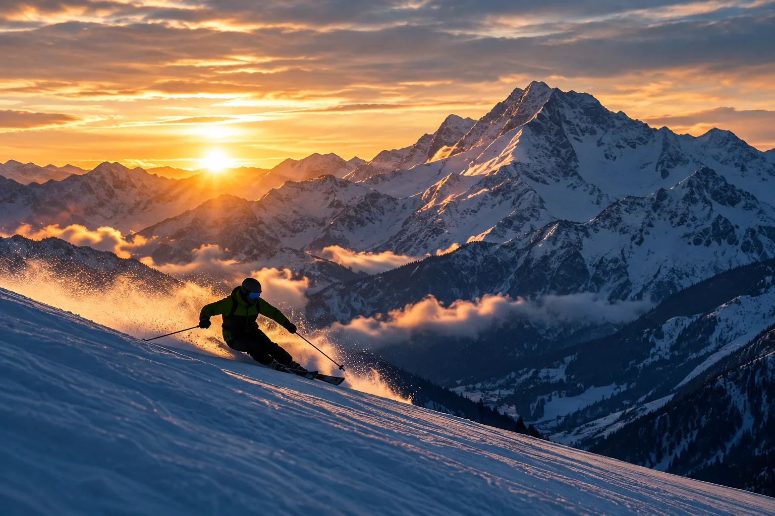 Sunrise over a snowy mountain